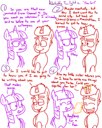 Size: 1280x1611 | Tagged: safe, artist:adorkabletwilightandfriends, twilight sparkle, twilight sparkle (alicorn), oc, oc:javan, alicorn, pony, comic:adorkable twilight and friends, adorkable twilight, autograph, comic, lineart, simple background, slice of life