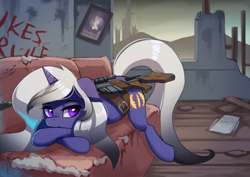 Size: 3000x2120 | Tagged: safe, artist:darksittich, oc, oc only, oc:lady midday, pony, unicorn, fallout equestria, anti-machine rifle, anti-materiel rifle, building, commission, detailed background, female, graffiti, gun, lying down, mare, scenery, sofa, solo, tunnel snakes rule, wasteland, weapon