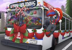 Size: 1200x849 | Tagged: safe, artist:littlehybridshila, oc, oc only, oc:smooth walker, pony, bus, bust, christmas, holiday, male, philadelphia, septa, smiling, stallion