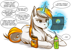 Size: 1641x1159 | Tagged: safe, artist:mykegreywolf, oc, oc:belle eve, pony, unicorn, 3ds, belle eve, chips, doritos, female, food, glowing horn, magic, mare, mountain dew, neogaf, nintendo, ponified, simple background, soda, solo, speech bubble, transparent background, video game