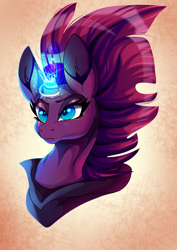 Size: 2268x3200 | Tagged: safe, artist:plaguedogs123, tempest shadow, unicorn, my little pony: the movie, broken horn, bust, eye scar, female, glowing horn, horn, mare, scar, solo, sparking horn