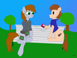 Size: 4032x3024 | Tagged: safe, artist:alviniscute, oc, oc only, oc:harrison, oc:littlepip, pony, unicorn, fallout equestria, absurd resolution, bench, clothes, duo, fanfic, fanfic art, female, headphones, horn, male, mare, park, pipbuck, stallion, tree, vault suit