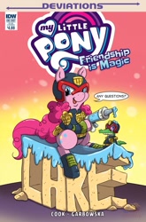 Size: 791x1200 | Tagged: safe, artist:katiecandraw, derpibooru import, idw, gummy, pinkie pie, earth pony, pony, spoiler:comic, spoiler:comicdeviations, cake, cover, food, frosting, frosting gun, idw deviations, judge dredd