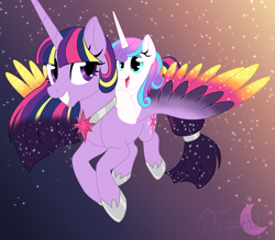 Size: 1911x1675 | Tagged: safe, artist:djspark3, artist:shadeila, princess flurry heart, twilight sparkle, twilight sparkle (alicorn), alicorn, auntie twilight, base used, colored wings, flying, multicolored wings, older, ponies riding ponies, signature