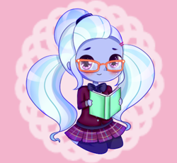 Size: 420x386 | Tagged: safe, artist:electricshine, sugarcoat, equestria girls, book, chibi, clothes, crystal prep academy uniform, cute, glasses, looking at you, out of character, school uniform, sitting, smiling, solo, sugarcute