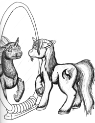 Size: 776x1000 | Tagged: safe, artist:bluebirdsolstice, oc, oc only, changeling, unicorn, changeling oc, inktober, inktober 2017, mirror, monochrome, reflection, solo