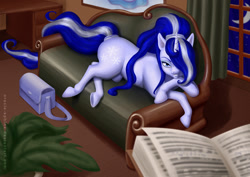 Size: 1000x707 | Tagged: safe, artist:oracle-sphinx, oc, oc only, oc:icenight, pony, unicorn, book, sofa, solo