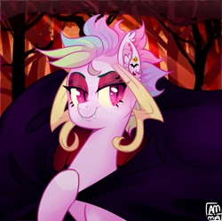 Size: 685x682 | Tagged: safe, artist:miatsukyyy, oc, oc only, bat pony, bat pony oc, ear piercing, fangs, female, mare, multicolored hair, piercing, smiling, solo