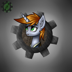 Size: 1500x1500 | Tagged: safe, artist:6editor9, oc, oc only, oc:littlepip, pony, unicorn, fallout equestria, abstract background, clothes, ear fluff, fanfic, fanfic art, female, gears, horn, mare, solo, vault suit