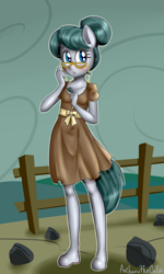 Size: 900x1500 | Tagged: safe, artist:anibaruthecat, cloudy quartz, anthro, earth pony, unguligrade anthro, clothes, dress, female, glasses, mare, rock, solo, younger