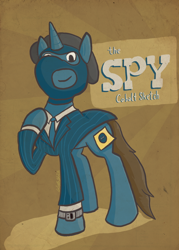 Size: 612x857 | Tagged: safe, artist:cobaltsketch, oc, oc only, oc:cobalt sketch, pony, abstract background, balaclava, beret, blazer, clothes, costume, hat, invis watch, obscured cutie mark, pony fortress 2, solo, spy, sticky note, suit, team fortress 2, video game
