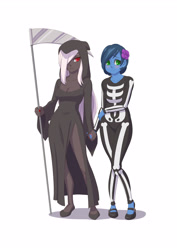 Size: 2893x4092 | Tagged: source needed, safe, artist:brother-tico, oc, oc only, oc:midnight ruby, oc:sapphire nebula, bat pony, human, bat pony oc, best friends, blushing, breasts, cleavage, clothes, costume, friendship, frown, green eyes, grim reaper, holding hands, humanized, humanized oc, nail polish, not shipping, red eyes, scythe, skeleton costume