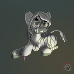 Size: 2500x2500 | Tagged: safe, artist:sloppyhooves, oc, oc only, oc:clip clop, oc:fay, zebra, fallout equestria, cute, female, gradient background, gray background, grin, hoof hold, looking up, mare, prone, raised hoof, screwdriver, simple background, smiling, solo, zebra oc