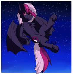 Size: 1353x1376 | Tagged: safe, artist:starrypallet, oc, oc only, oc:lilac mist, bat pony, pony, flying, night, simple background