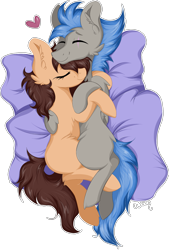 Size: 1375x2031 | Tagged: safe, artist:woonborg, oc, oc only, oc:shade, oc:woon, pegasus, pony, unicorn, cheek fluff, cuddling, ear fluff, eyes closed, female, heart, lying down, male, mare, on side, romantic, shoon, simple background, smiling, snuggling, stallion, transparent background
