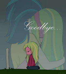 Size: 800x900 | Tagged: safe, artist:electricshine, indigo zap, lemon zest, equestria girls, friendship games, crying, death, eyes closed, female, grave, hug, kneeling, mourning, sad