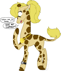 Size: 779x900 | Tagged: safe, artist:tambelon, oc, oc only, oc:sunspot, giraffe, amulet, ear piercing, earring, female, jewelry, necklace, piercing, simple background, solo, species swap, speech bubble, transformed, transparent background, watch, watermark