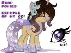 Size: 1379x1020 | Tagged: safe, artist:starchasesketches, oc, oc only, oc:melany, original species, soap pony, base used, flower, flower in hair, lavender, reference sheet, simple background, soap, soap bubble, solo, starry eyes, transparent background, wingding eyes