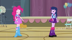 Size: 1539x866 | Tagged: safe, screencap, pinkie pie, twilight sparkle, equestria girls, equestria girls (movie), backpack, balloon, boots, bowtie, bracelet, camera, chair, clothes, eyes closed, high heel boots, jewelry, leg warmers, pumpkin, shoes, skirt, streamers