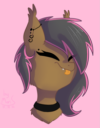 Size: 667x857 | Tagged: safe, artist:marisdoodles, oc, oc only, pony, bust, choker, ear piercing, eyes closed, female, mare, piercing, portrait, simple background, solo, tongue out