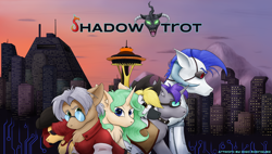 Size: 1024x580 | Tagged: safe, artist:digoraccoon, oc, oc only, earth pony, pony, unicorn, zebra, fanfic:shadowtrot, building, clothes, eyepatch, glasses, goggles, group, hat, las vegas