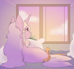 Size: 1833x1705 | Tagged: safe, artist:reverseau, oc, oc only, oc:sleepy sheepy, unicorn, bow, female, mare, ribbon, solo, sunset, tired