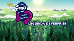 Size: 1024x576 | Tagged: safe, screencap, equestria girls, legend of everfree, albanian, bang bang, cloud, dubbing, logo, my little pony logo, official, road, sun, tree