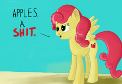 Size: 1280x887 | Tagged: safe, artist:itsthinking, strawberry sunrise, pegasus, pony, honest apple, dialogue, lidded eyes, open mouth, simple background, smiling, smug, solo, spread wings, strawberry savage, teal background, vulgar, wings