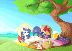 Size: 2800x2000 | Tagged: safe, artist:ogaraorcynder, derpibooru import, rarity, twilight sparkle, twilight sparkle (alicorn), alicorn, pony, unicorn, alternate hairstyle, basket, colored wings, cup, female, food, fruit, hat, juice, lesbian, levitation, looking at each other, magic, mare, mountain, multicolored wings, open mouth, outdoors, picnic, prone, rarilight, ribbon, sandwich, shipping, sky, smiling, telekinesis, tree