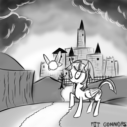 Size: 1000x1000 | Tagged: safe, artist:mitconnors, twilight sparkle, twilight sparkle (alicorn), alicorn, pony, castle, crossover, fanart mashup challenge, hyrule, monochrome, navi, style emulation, the legend of zelda