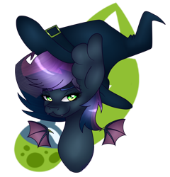 Size: 1024x1068 | Tagged: safe, artist:sachanart, oc, oc only, oc:grimoire, bat pony, pony, bust, female, hat, mare, portrait, solo, witch hat