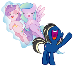 Size: 1024x920 | Tagged: safe, artist:petraea, oc, oc only, oc:halo harmony, oc:pop star, oc:prism song, pegasus, pony, unicorn, female, levitation, magic, mare, nose in the air, self-levitation, simple background, singing, telekinesis, transparent background, vector