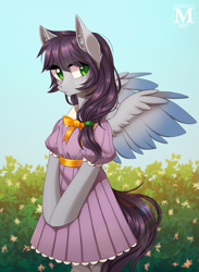 Size: 1027x1400 | Tagged: safe, artist:margony, oc, oc only, pegasus, pony, semi-anthro, clothes, commission, cute, dress, solo, ych result