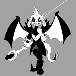 Size: 1500x1500 | Tagged: safe, artist:midnight-wizard, dragon lord ember, princess ember, dragon, bloodstone scepter, clothes, cosplay, costume, glowing eyes, monochrome, solo, undertale, undyne, undyne the undying