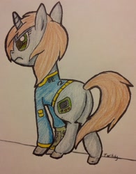 Size: 2064x2648 | Tagged: safe, artist:twitchy-tremor, oc, oc only, oc:littlepip, pony, unicorn, fallout equestria, clothes, fanfic, fanfic art, female, mare, pipbuck, simple background, solo, stable 2, stable-tec, traditional art, vault suit