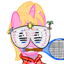 Size: 300x300 | Tagged: safe, artist:mightyshockwave, oc, oc only, oc:ace shot, pony, clothes, female, filly, hawaiian shirt, shirt, shutter shades, simple background, solo, tennis racket, transparent background