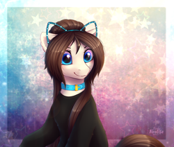 Size: 1300x1100 | Tagged: safe, artist:andyfirelife, oc, oc only, oc:mira, pony, abstract background, clothes, collar, commission, female, mare, shirt, sitting, smiling, solo