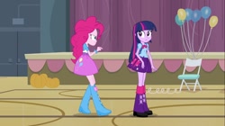 Size: 1100x618 | Tagged: safe, screencap, pinkie pie, twilight sparkle, equestria girls, equestria girls (movie), backpack, balloon, boots, bowtie, bracelet, chair, clothes, doors, high heel boots, jewelry, leg warmers, pumpkin, raised leg, shoes, skirt, streamers