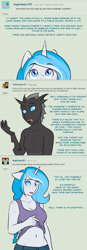 Size: 1000x2862 | Tagged: safe, artist:askbubblelee, oc, oc only, oc:bubble lee, oc:imago, anthro, changeling, unicorn, anthro oc, belly button, changeling oc, clothes, deviantart, dialogue, disguise, disguised changeling, fangs, female, freckles, mare, midriff, shirt lift, solo, tanktop