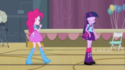 Size: 1100x618 | Tagged: safe, screencap, pinkie pie, twilight sparkle, equestria girls, equestria girls (movie), backpack, balloon, boots, bowtie, bracelet, camera, chair, clothes, doors, eyes closed, high heel boots, jewelry, leg warmers, pumpkin, raised leg, shoes, skirt, streamers