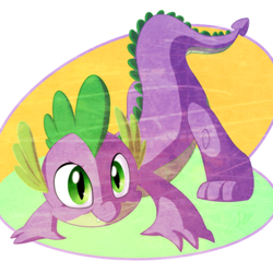 Size: 512x512 | Tagged: safe, artist:glooaea, spike, dragon, :t, abstract background, all fours, baby, baby dragon, claws, cute, face down ass up, fangs, green eyes, looking at you, male, quadrupedal, smiling, solo, spikabetes, tail