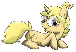 Size: 1126x776 | Tagged: safe, artist:wolftendragon, pony, unicorn, clemont, glasses, pokémon, ponified, prone, solo