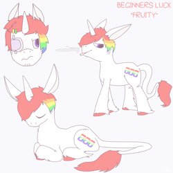 Size: 2500x2500 | Tagged: safe, artist:php29, derpibooru exclusive, oc, oc only, oc:beginners luck, classical unicorn, pony, unicorn, cloven hooves, cutie mark, leonine tail, ponysona, rainbow hair, reference sheet, simple background, smoking, solo, unshorn fetlocks