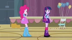 Size: 1920x1080 | Tagged: safe, screencap, pinkie pie, twilight sparkle, equestria girls, equestria girls (movie), backpack, balloon, boots, bowtie, bracelet, chair, clothes, doors, high heel boots, jewelry, leg warmers, pumpkin, raised leg, shoes, skirt