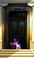 Size: 798x1371 | Tagged: safe, artist:imalou, twilight sparkle, pony, book, close-up, cute, filly, filly twilight sparkle, glowing horn, magic, reading, smiling, solo, twiabetes, wagon