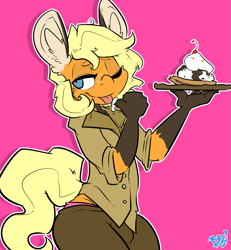 Size: 1085x1176 | Tagged: safe, artist:bbsartboutique, oc, oc only, oc:blank leaves, anthro, earth pony, clothes, food, licking, male, sundae, tongue out