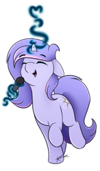 Size: 1024x1750 | Tagged: safe, artist:mindlesssketching, oc, oc only, oc:silver swirls, pony, unicorn, eyes closed, female, floppy ears, happy, magic, mare, microphone, simple background, solo, transparent background