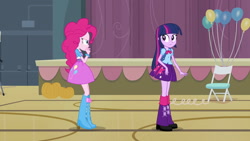 Size: 1539x866 | Tagged: safe, screencap, pinkie pie, twilight sparkle, equestria girls, equestria girls (movie), backpack, balloon, boots, bowtie, bracelet, chair, clothes, doors, high heel boots, jewelry, leg warmers, pumpkin, skirt, streamers