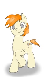 Size: 465x805 | Tagged: safe, artist:pizzamovies, oc, oc only, oc:pizzamovies, earth pony, pony, chest fluff, cutie mark, ear fluff, flag, food, male, raised hoof, simple background, smiling, solo, stallion