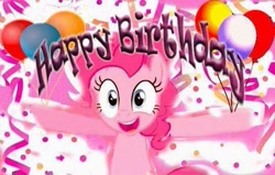 Size: 541x344 | Tagged: safe, derpibooru import, pinkie pie, earth pony, pony, balloon, bipedal, happy birthday, solo